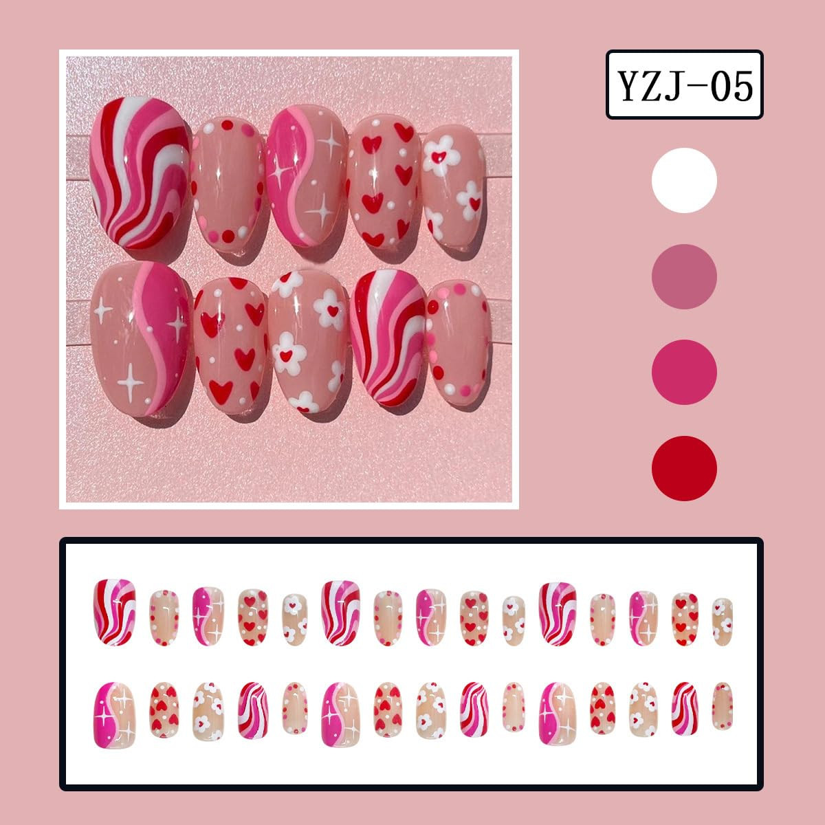 30Pcs Valentines Press on Nails Short Oval Fake Nails with Pink Wavy Stripes Ful