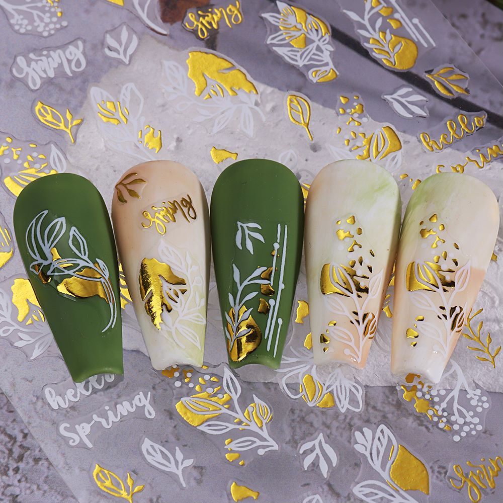 Flower Leaf Branch Butterfly Nail Stickers Daisy Love White Gold Flowers Branch