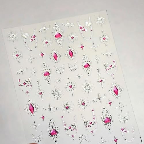 Silver Star Nail Stickers 3D Self-Adhesive Hot Pink Heart Nail Color 029