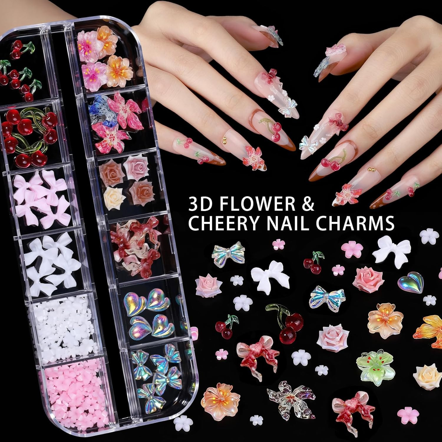 Nail Art Charms and Gems Set with Rhinestones, Brushes, Stickers, and Pearls