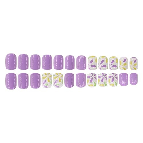 Purple Press on Nails Short Square Fake 1 Fl Oz (Pack of 1) Square Flower-10