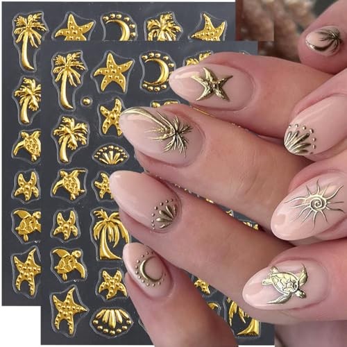 Summer Nail Art Stickers – Decals Palm Tree Starfish 5D Embossed Nail Style1