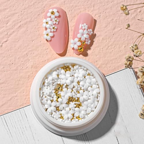 3D White Flower Nail Art Charms – Gold Steel Beads & Resin Floral White, Gold