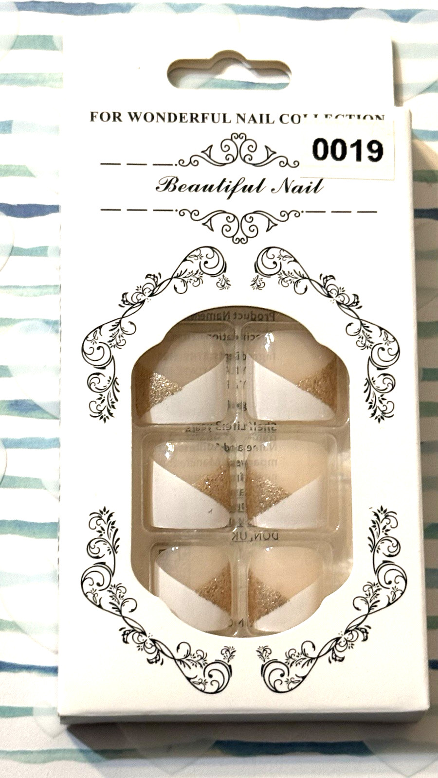 For Wonderful Nail Collection NUDE with WHITE and GOLD FRENCH Fake Toe Nails NIB