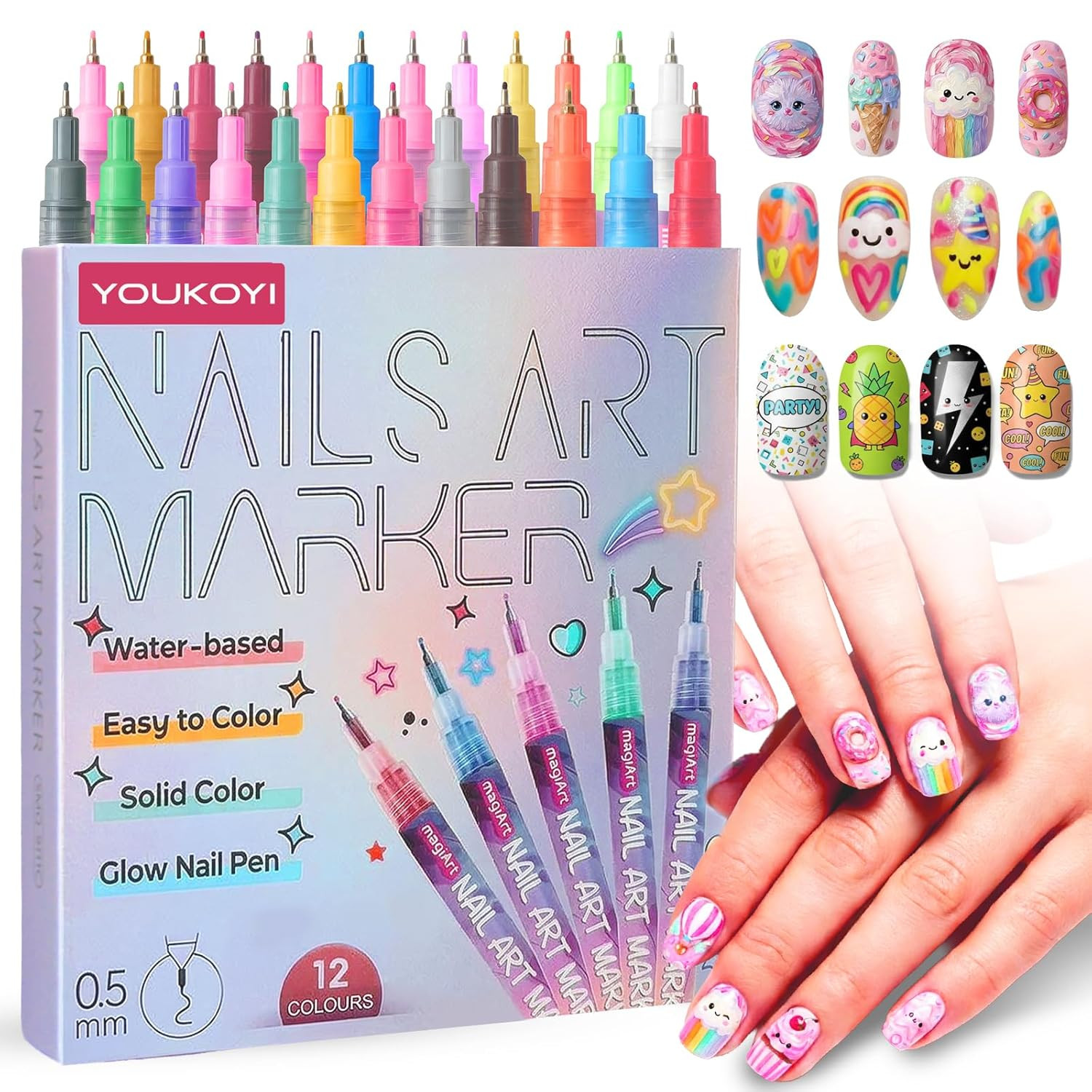 Nail Art Pens, 12 Colors Precision Tip Nail Art Markers Set Easy to Use for Begi