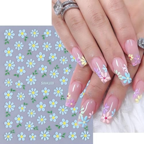 Nail Art Stickers – Small Floral Nail Decals 3D Self-Adhesive Nail White Daisy