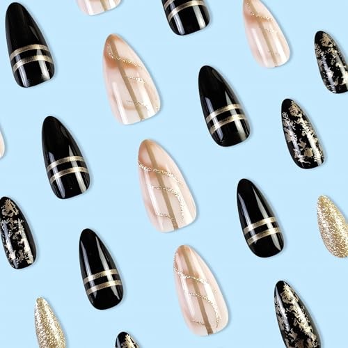 Black Amber Press on Nails Almond Fake Nails Medium Length Gold Foil style2