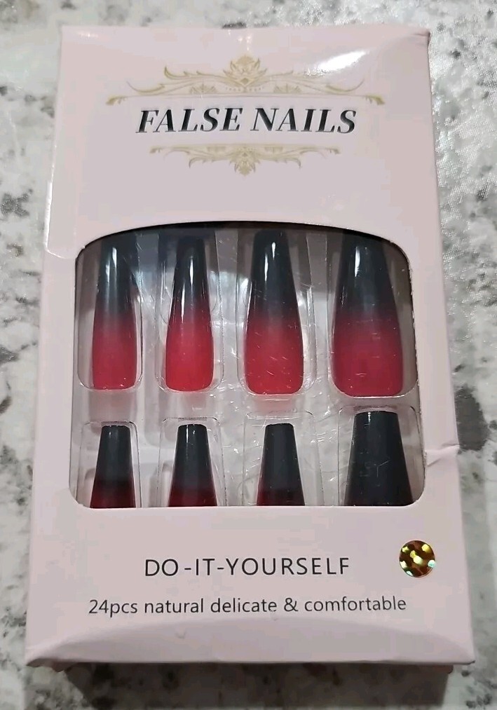 Press On Nails Medium Long Coffin Shaped, Red And Black Fake Nails Kit Gradient