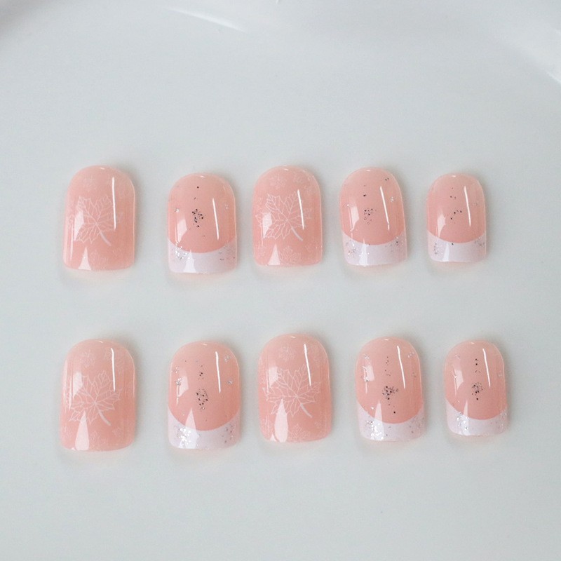 48Pcs-Short Round Nude Glitter White French Maple Leaf Autumn Press on Nails