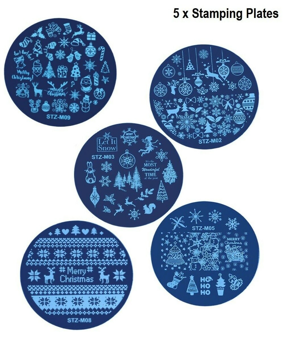 7PCS Nail Stamping Plates Stamper Scraper Set Christmas Art Transfer Tool Kit