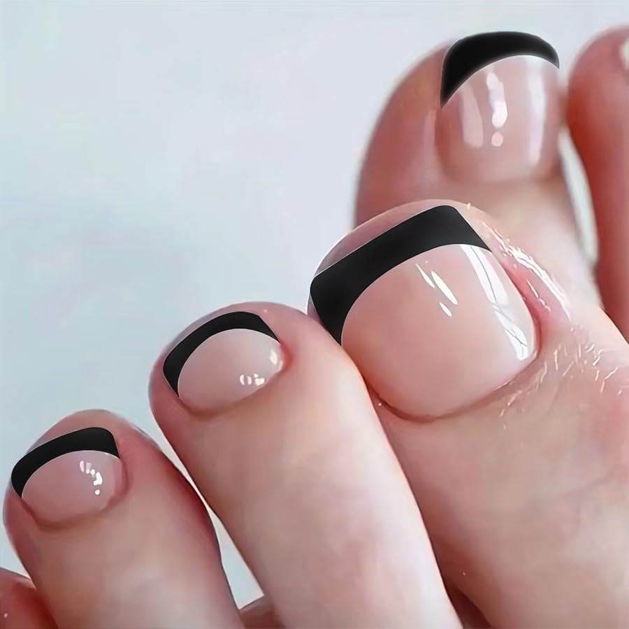 Black French Tip Press on Toenails Short Square Fake Toenails Black Edge Full Co