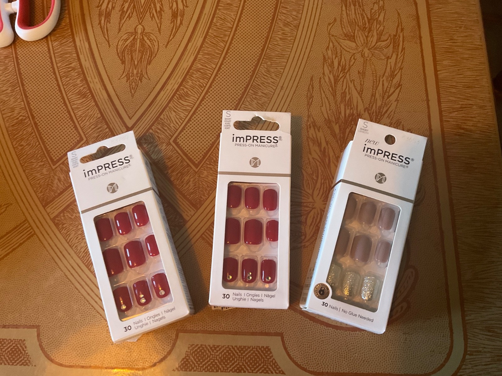 Impress Set Of 3 No Glue Manicure- 2 Red , 1 Tan Sparkle