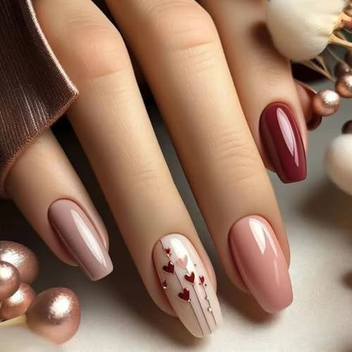 24pcs Coffin Press on Nails Medium Heart False Nails style23-red heart