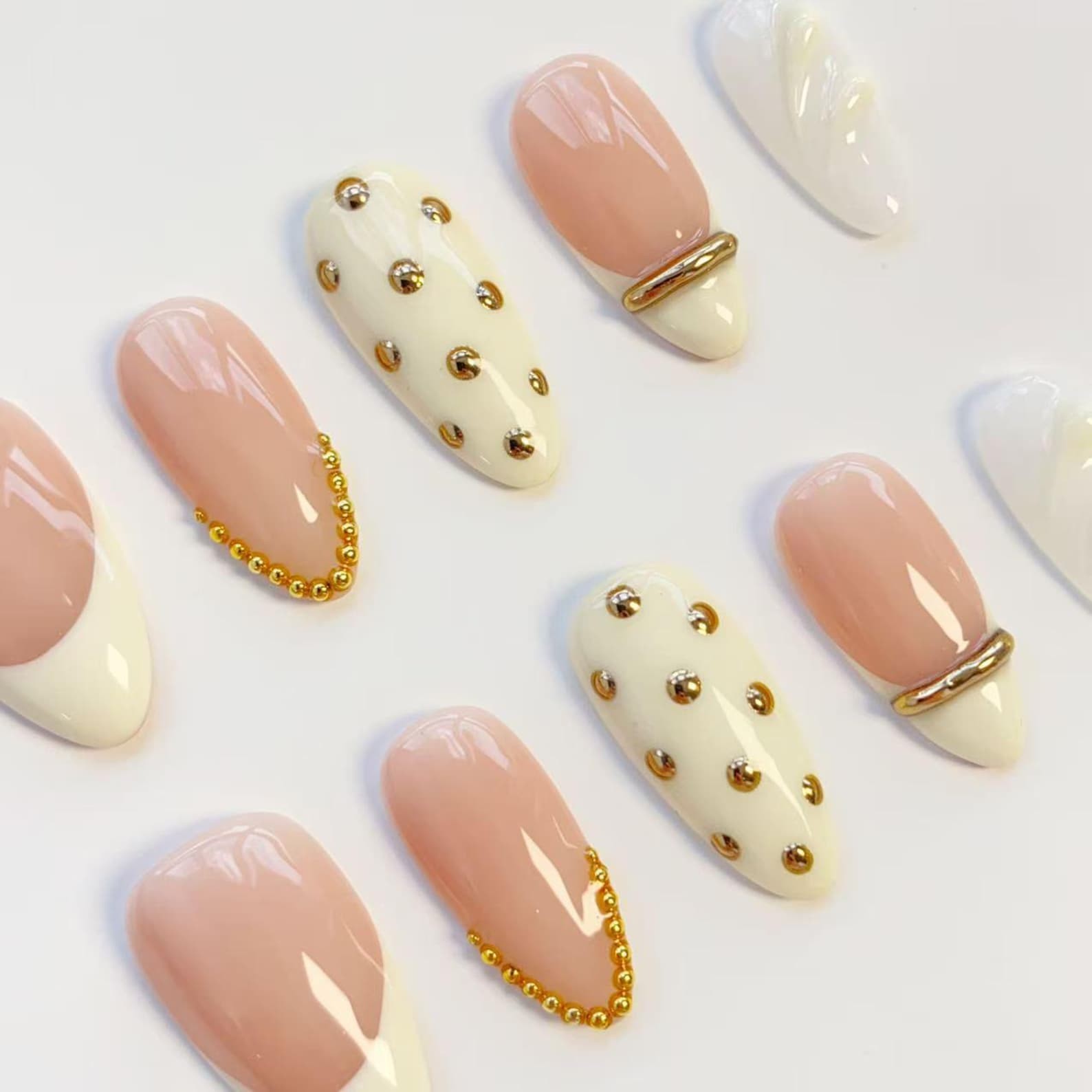 Handmade Nude White French Gold Bead Chain Medium Almond Press on Nails