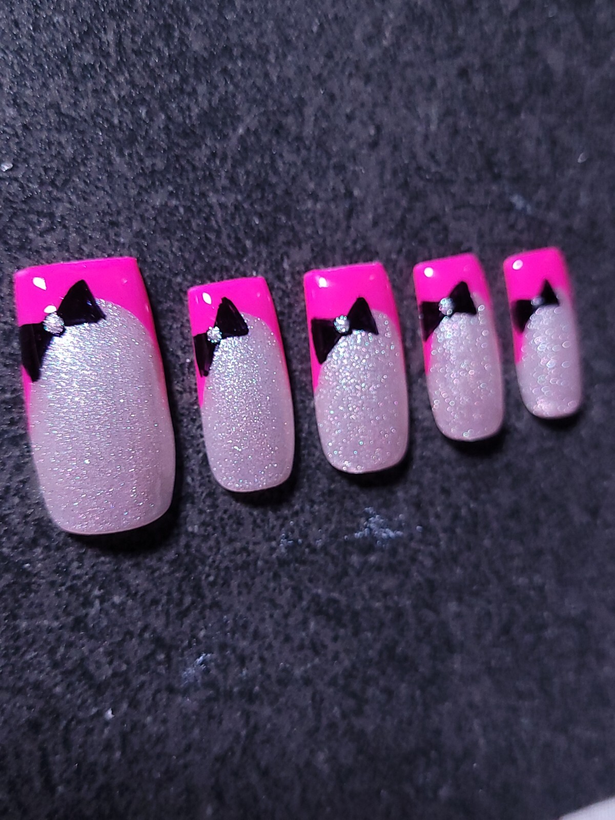 Custom Gel Press on Nails Handmade 10 pc set SMALL Neon Pink Black Bow