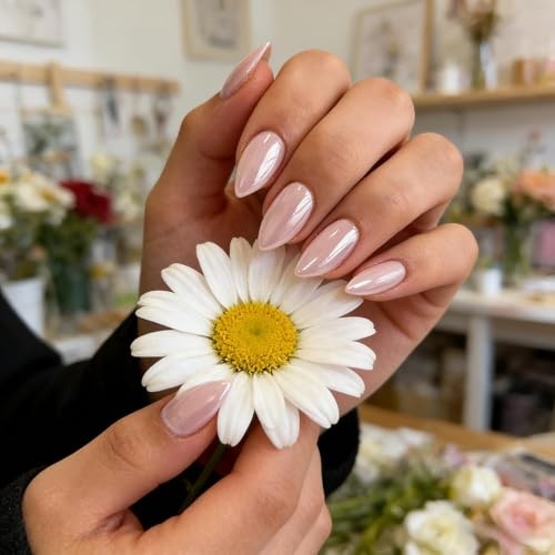 KQueenest Chrome Pastel Light Pink Press On Nails, 30 Pcs Almond Fake Nails