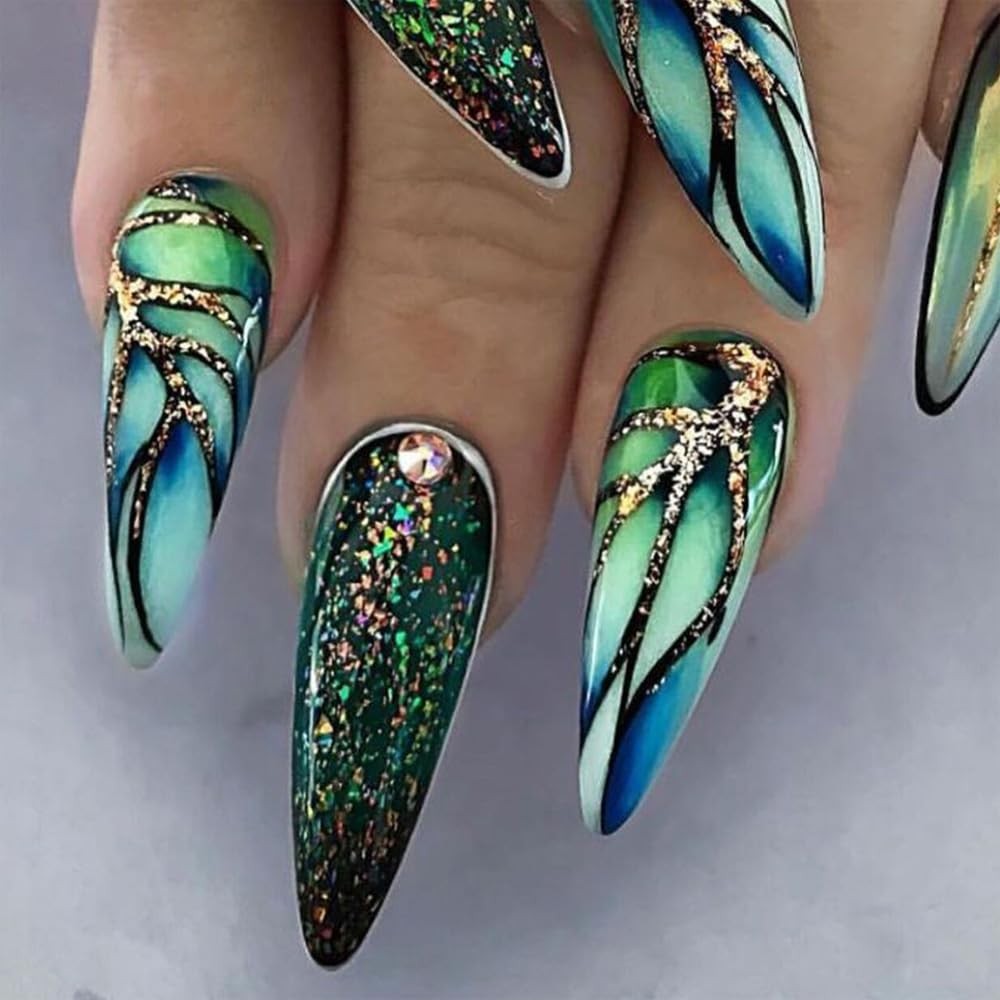 Green Press on Nails Almond Short Medium Fake Nail with Glitter Gold Line Rhi…