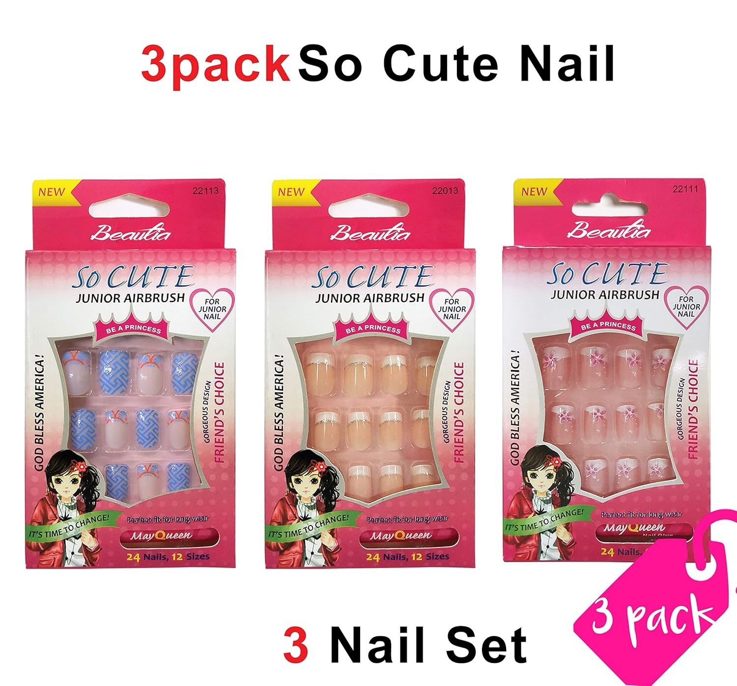 Kids Nail Tips Fake Artificial 72pcs Pack With Glue For Girls