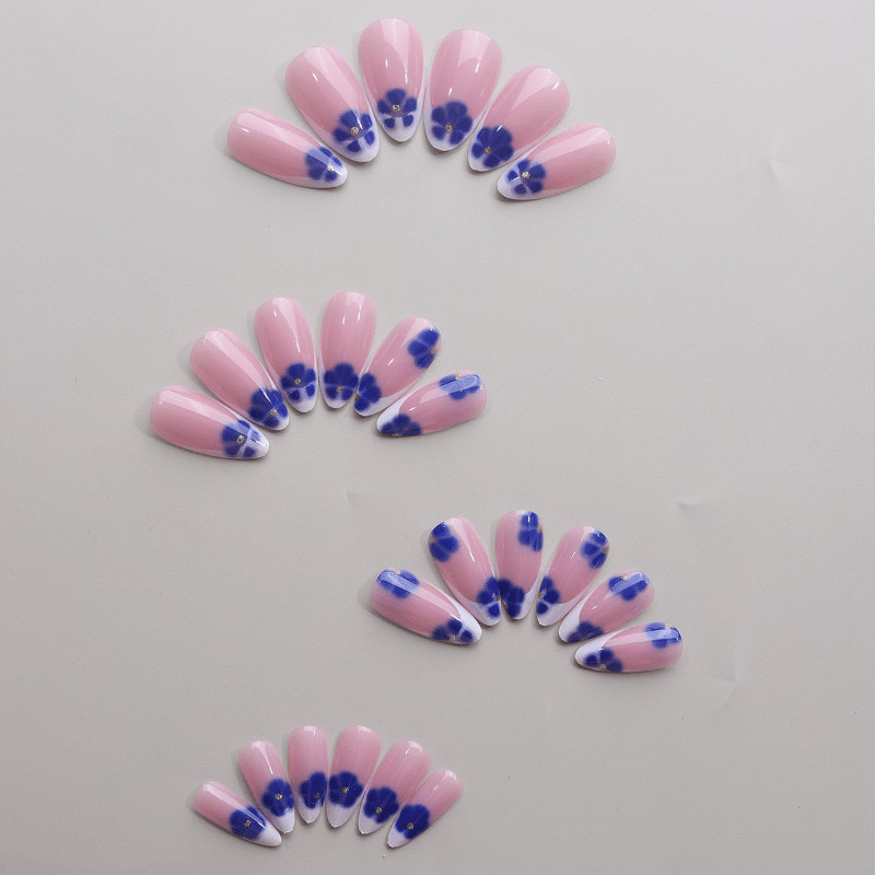 48Pcs-Medium Almond Nude Light Blue French Blue Flower Gold Bead Press on Nails