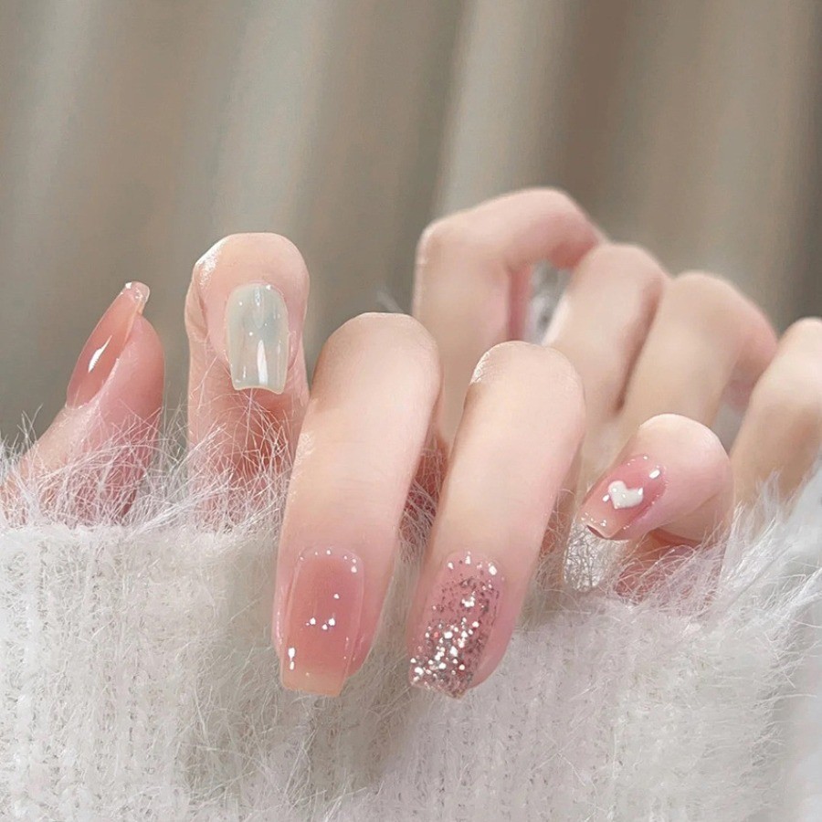 Press Nail-Bare Pink Mint Green, Medium Short Square Fake Nails, 48 Piece Set