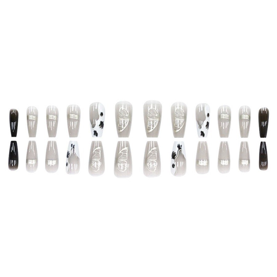 48Pcs Ink Wash Silver Line Coffin Press on Nails,Minimal Elegant Nude Fake Nails