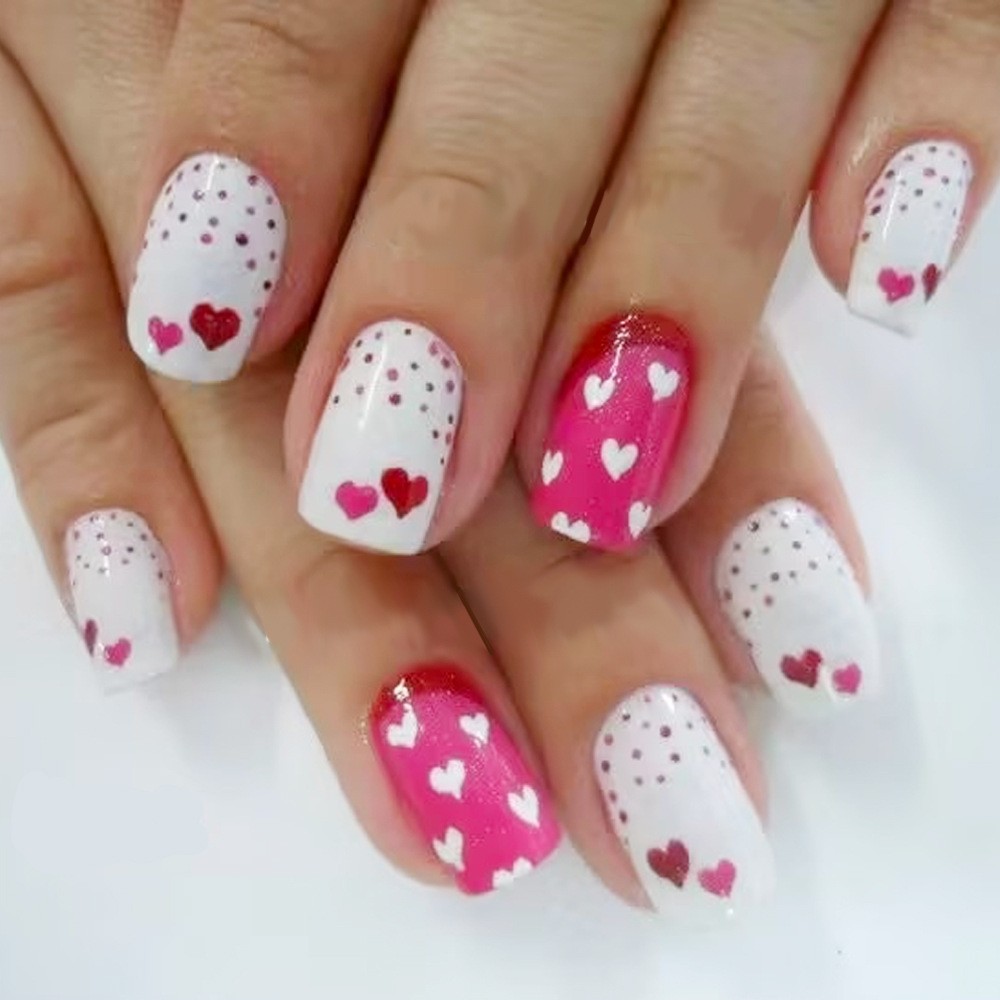 24pcs White/Red Polka Dot 3D Heart Press-On Nails. Waterproof, Reusable Gift.