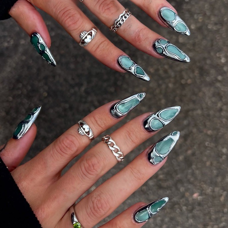72Pcs-Metallic Long Almond False Nails Jade Inlay Cool Trend Gothic Nail Art