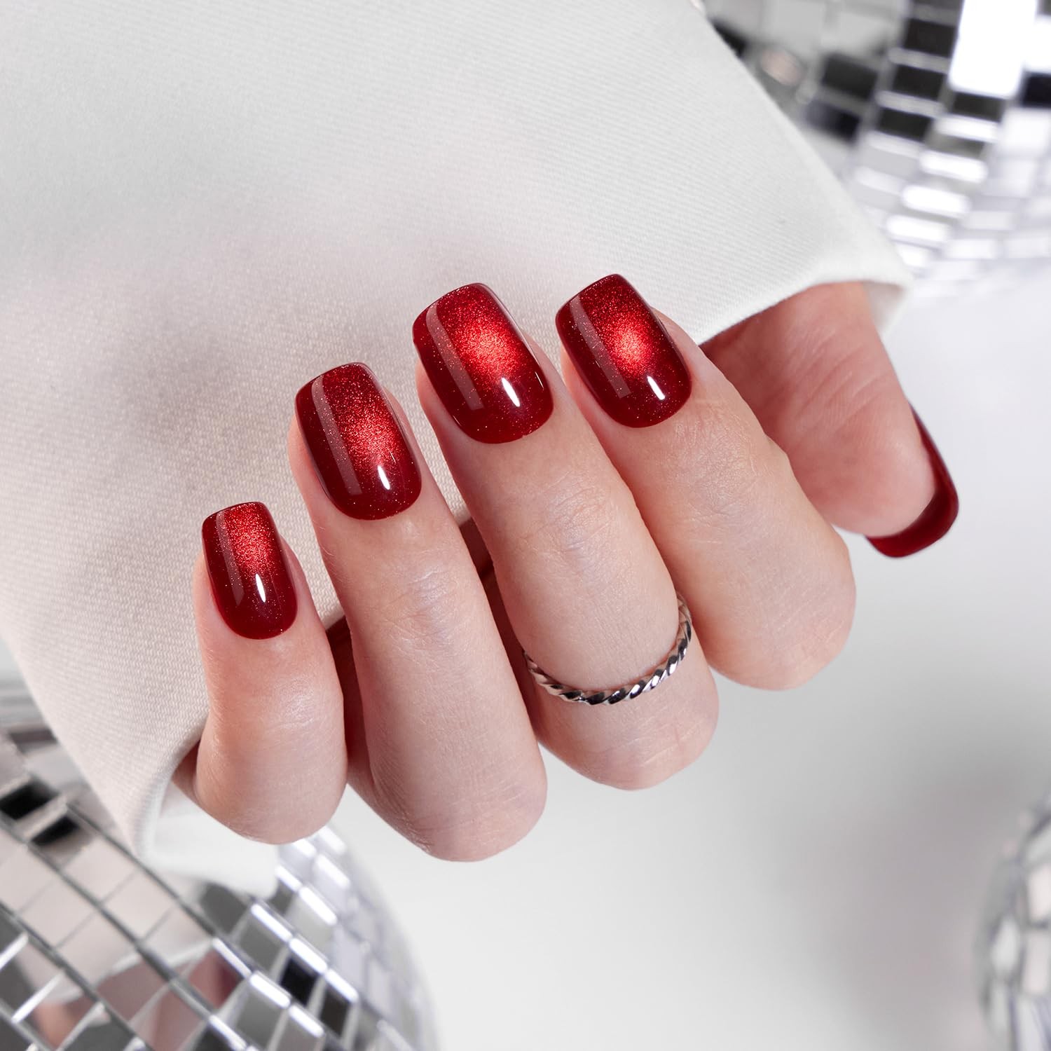 VSALON Press on Nails Short Square Burgundy Red Cat Eye Glitter Fake Nails, …