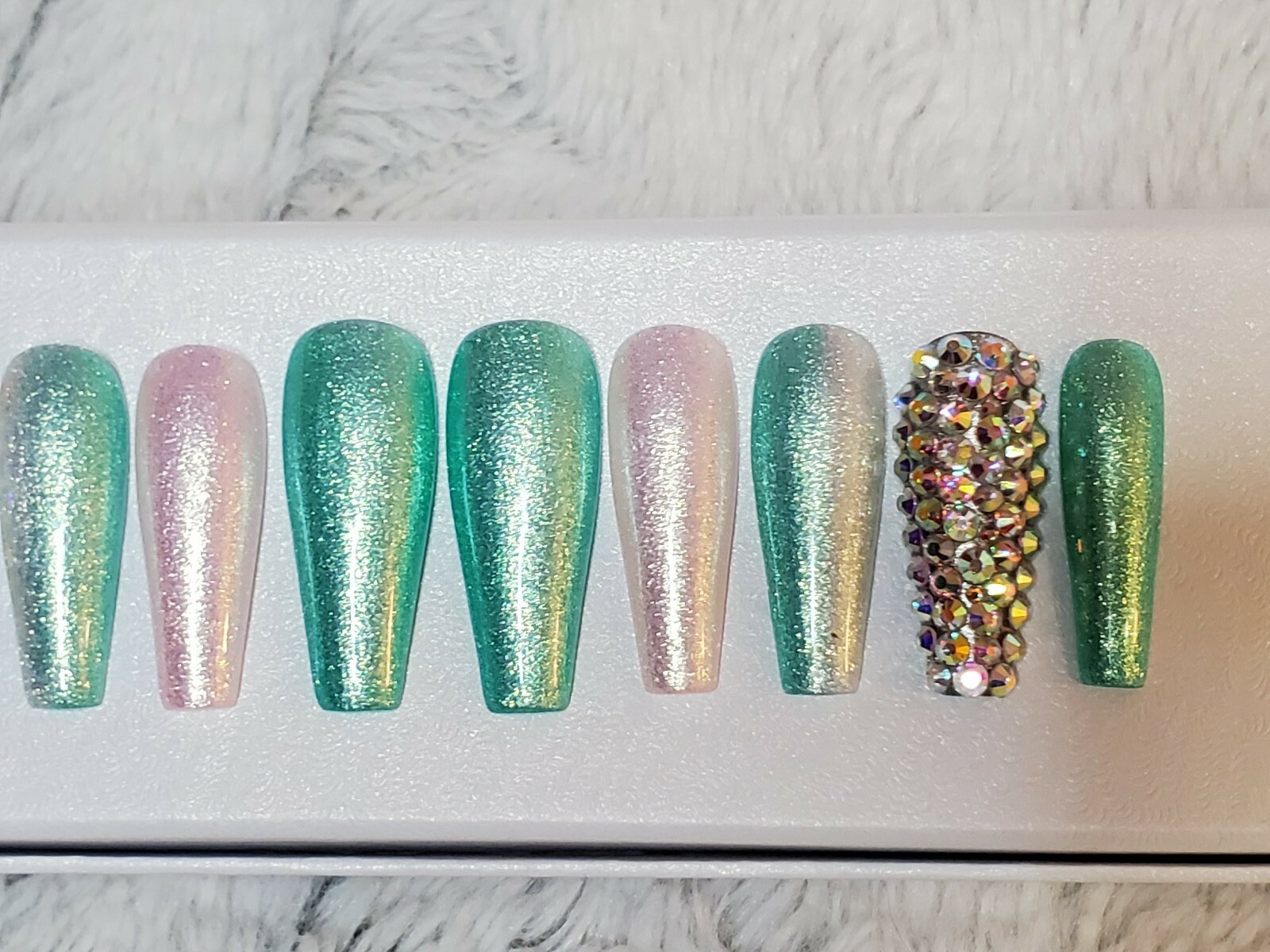 Green & white Bling glitter long ballerina diamond press on nails barbie ombre