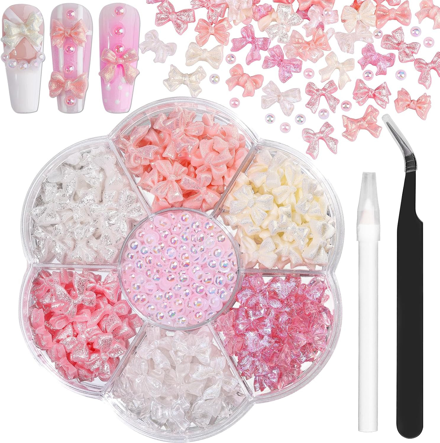Charms Kit for Nails, 400Pcs Bow and Flatback Pearls Set, 3D Acrylic Rhinestones