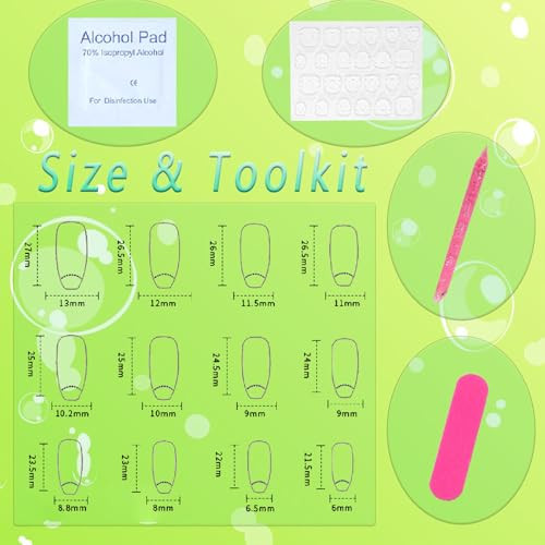 Coffin Press on Nails Medium Green French Tip False Nails with White Flower