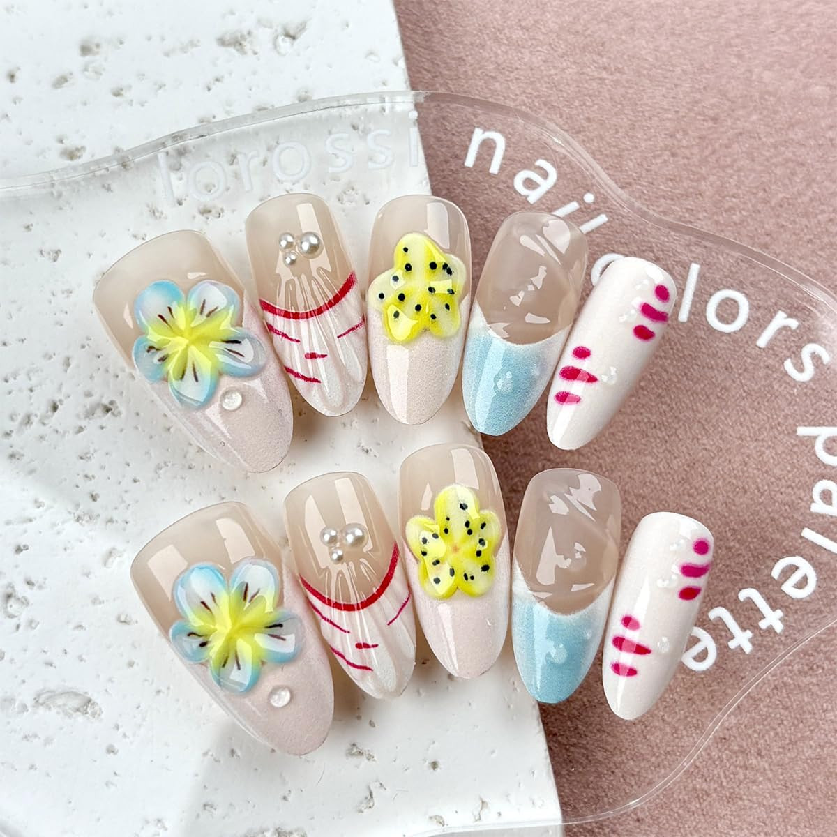 30Pcs Summer Press on Nails Medium Almond Cute Flower Fake Nails Pearl Rhineston