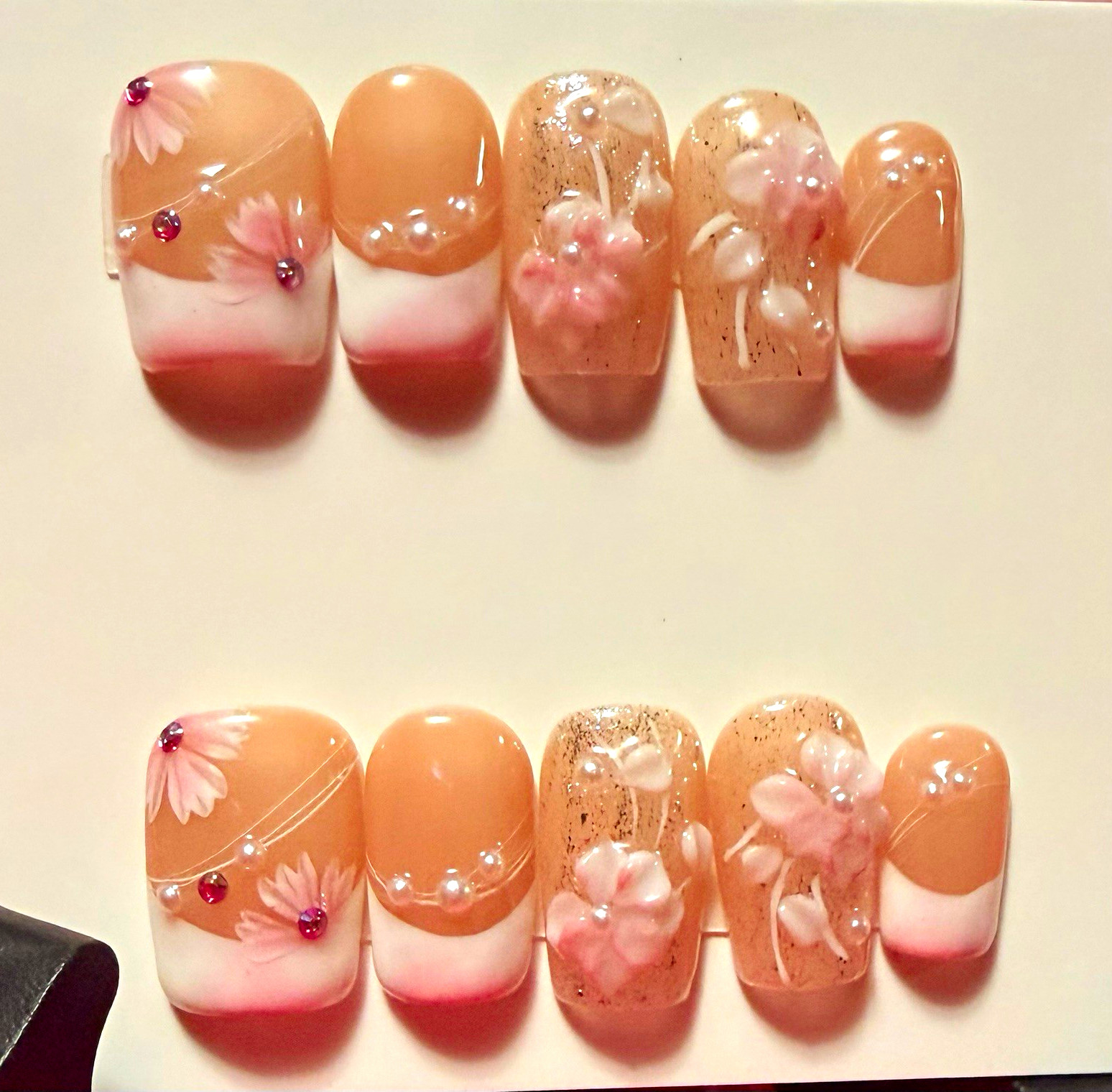 Pink/Beige 3D Floral Almond Press-On Nails Set, Medium, Full Cover Pre-Designed