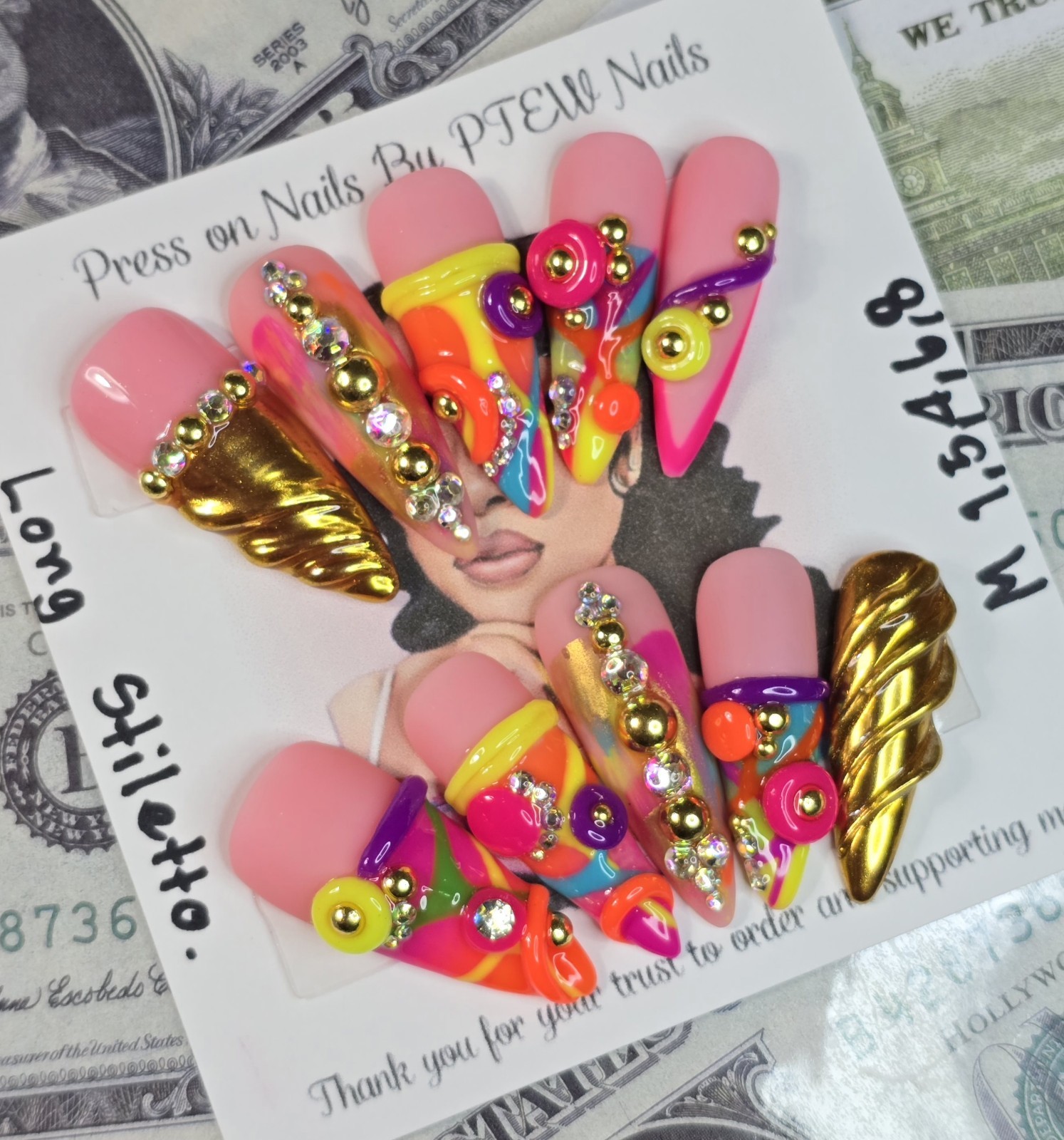 Handmade Press On Nails, Colorful Nails,Medium Size 1,5,4,6,8 Long Stiletto