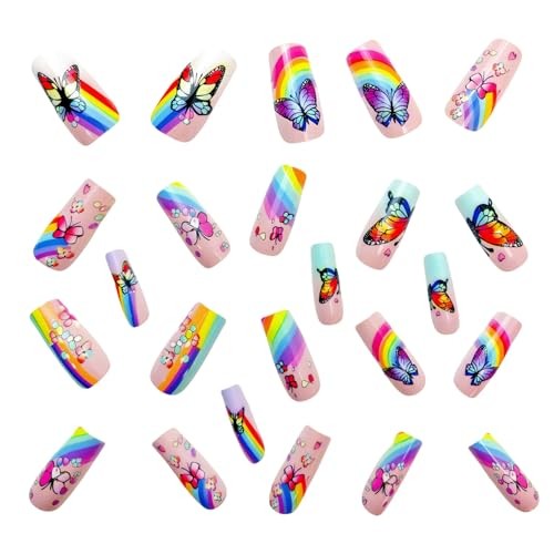 24Pcs Butterfly Press on Nails Medium Coffin Fake Nails Cute Little Spring