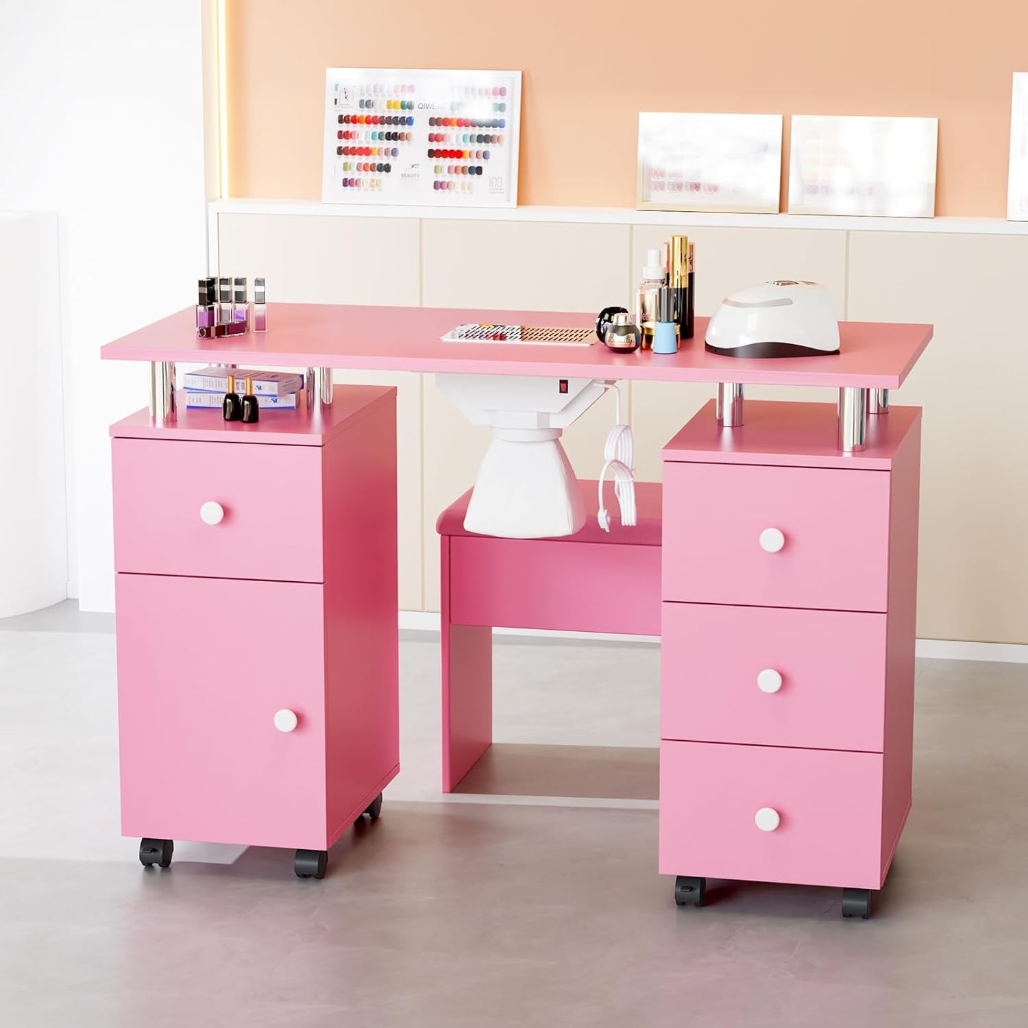 Nail Desk and Chair Set, Manicure Table with Stool, Dust Collector for Beauty