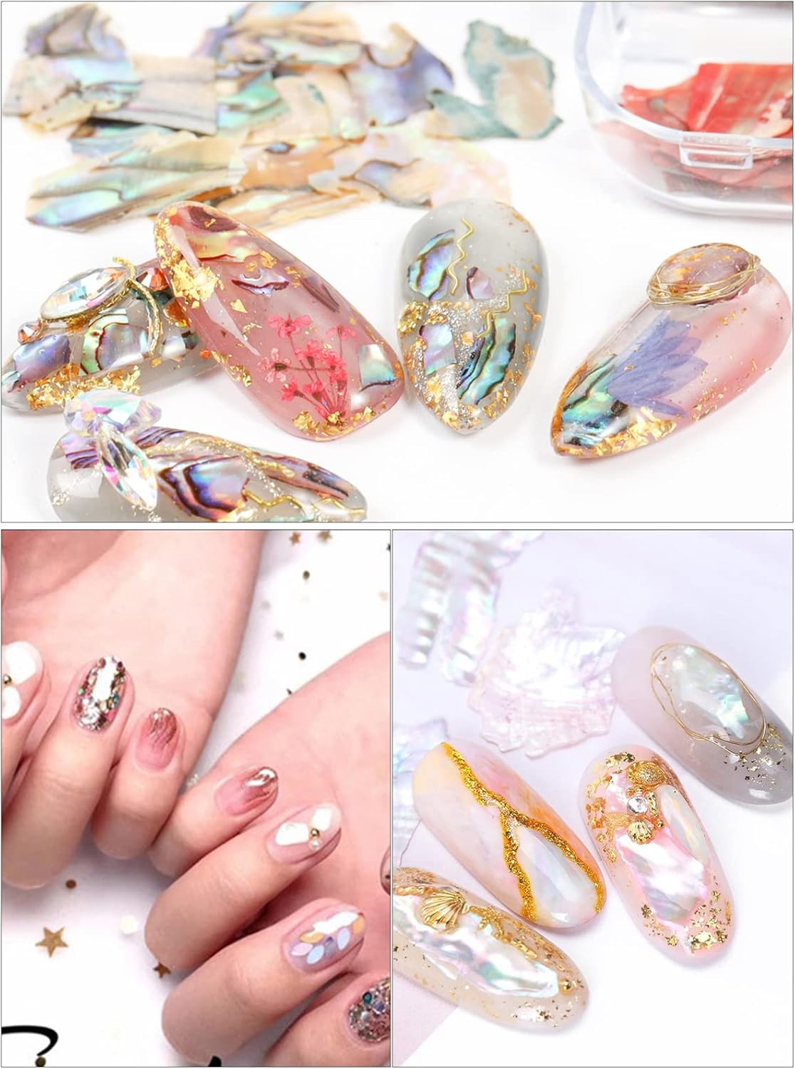 24 Grids Seashell Nail Art Nail Flakes, Irregular Abalone Seashell Colorfula
