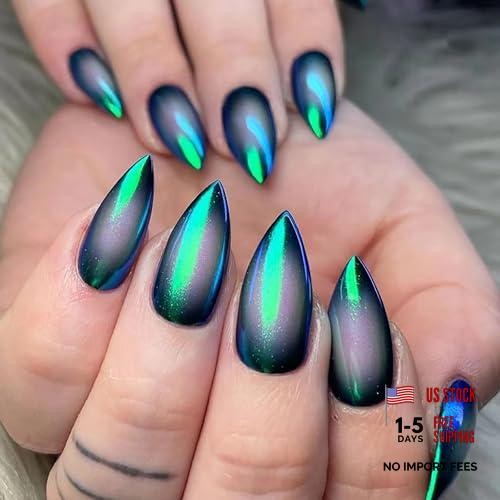 Medium Almond Shaped Cat Eye Nail Press on Nails – Dark Green – Green Cat Eye