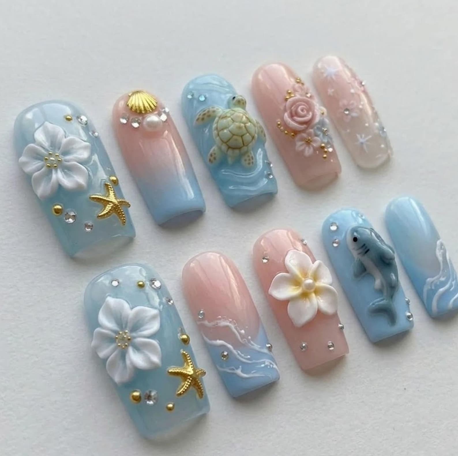 Handmade Ocean Theme Turtle Shark Flower Starfish Medium Square Press on Nails