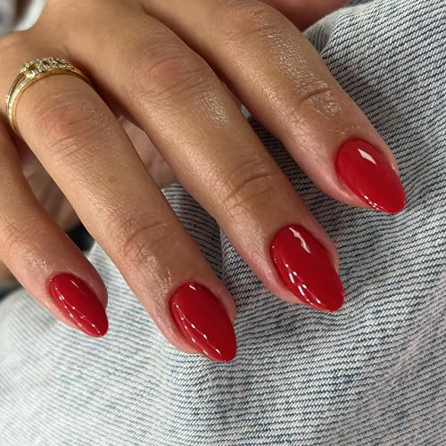 Red Press On Nails Short Oval, Short Fake Nails Acrylic Nails Press glossy red