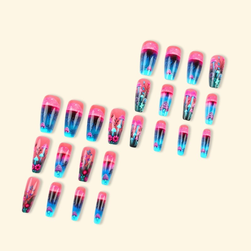 Glowing Mushroom Press on Nail, Medium Coffin with Pink Blue Floral and Neon Art