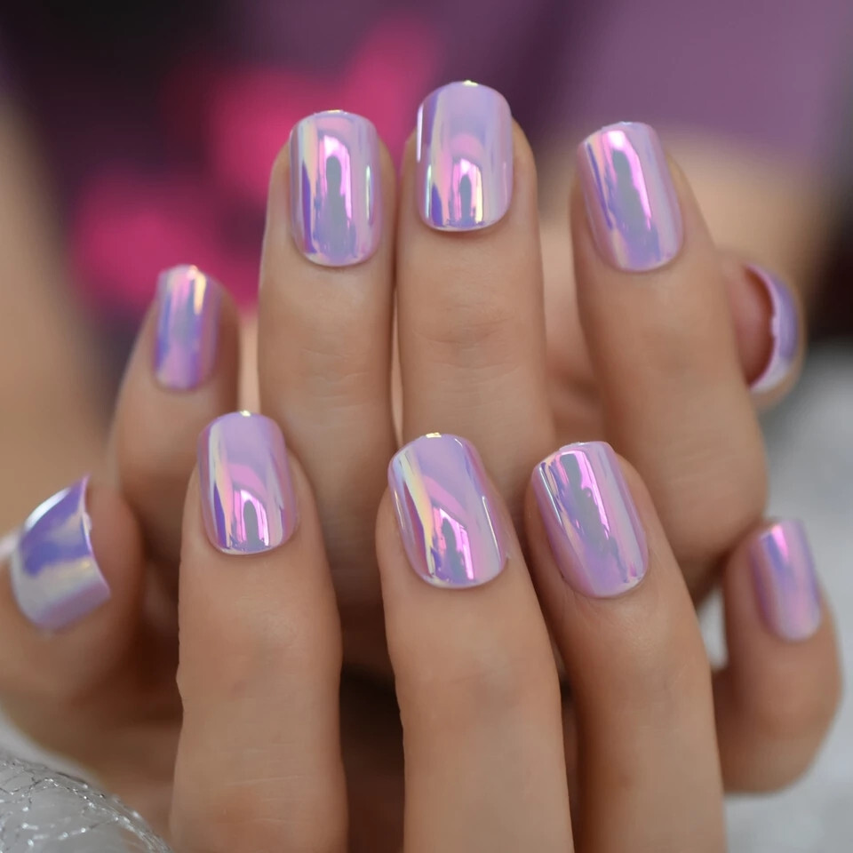 24 Short Press on Nails kit w glue Pink Purple Holographic chrome chameleon