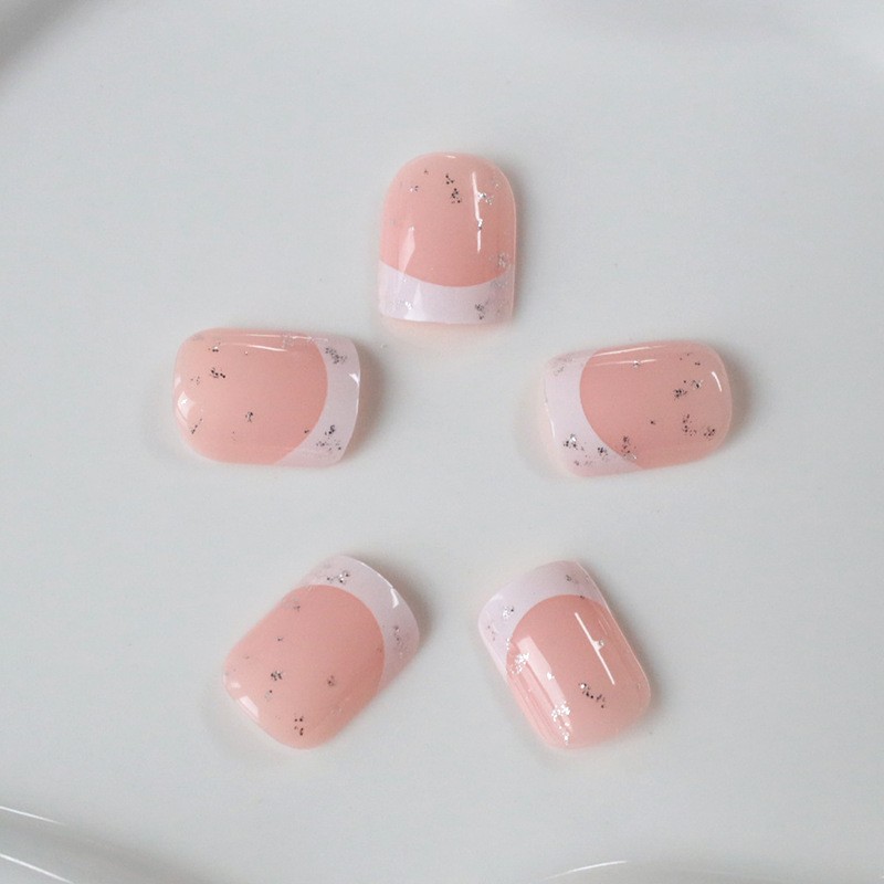 48Pcs-Short Round Nude Glitter White French Maple Leaf Autumn Press on Nails