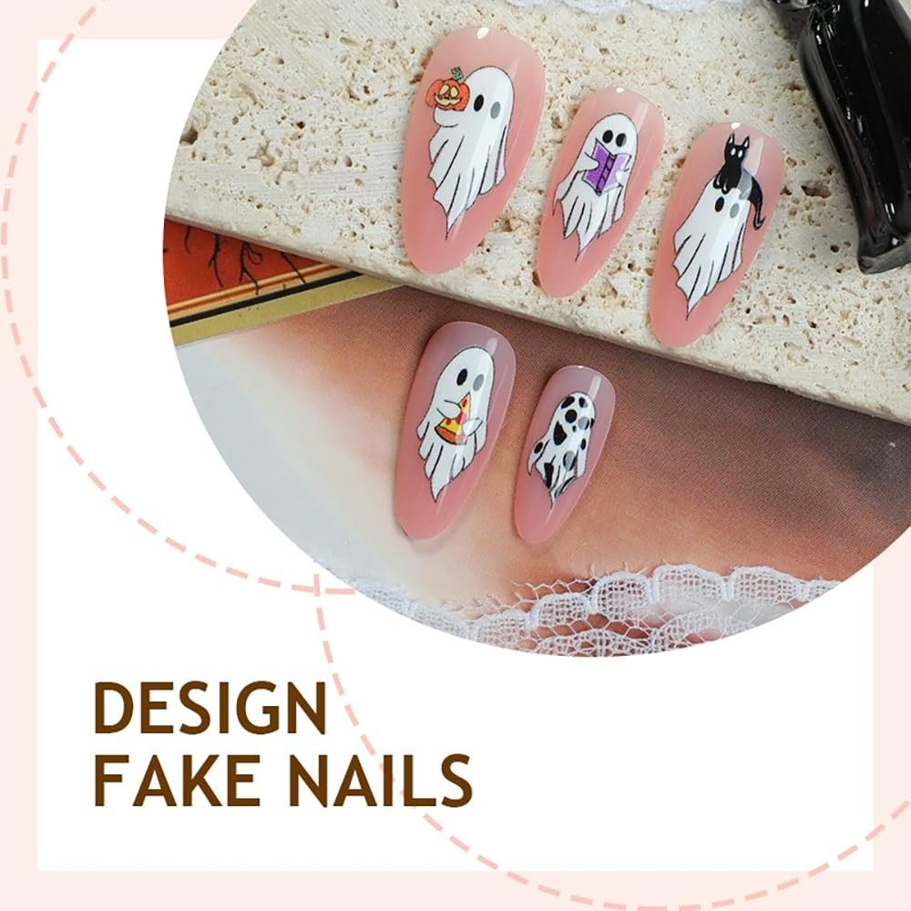 Halloween Press on Nails Almond Fake Nails Medium False Nails with Ghost Desi…