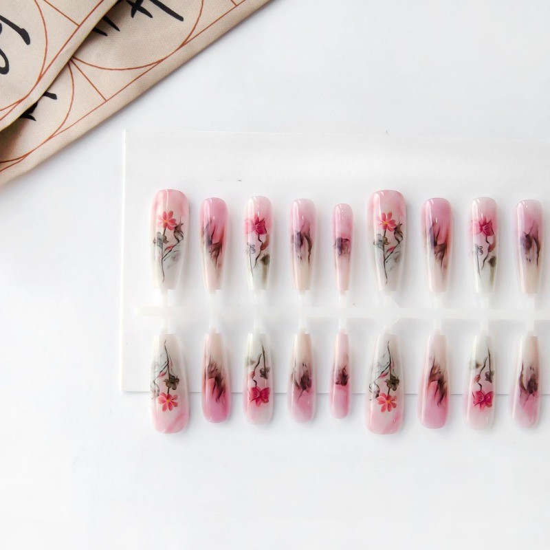 80Pcs-Ink Wash Pink Floral Coffin Press on Nails Gradient Nude Glossy Fake Tips