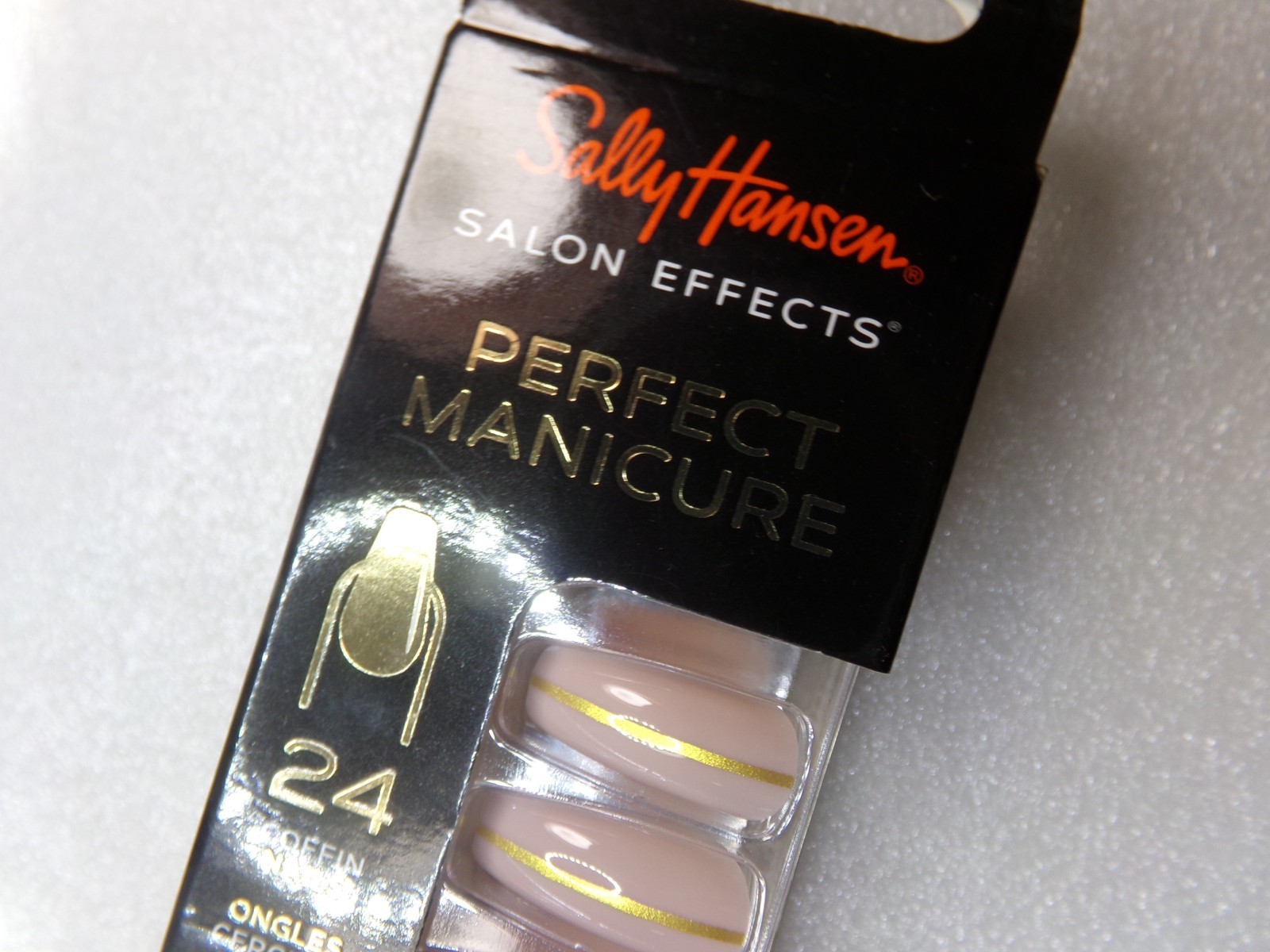 Sally Hansen Nails Pink Mauve with Gold Stripe GLUE-On Long Length Coffin