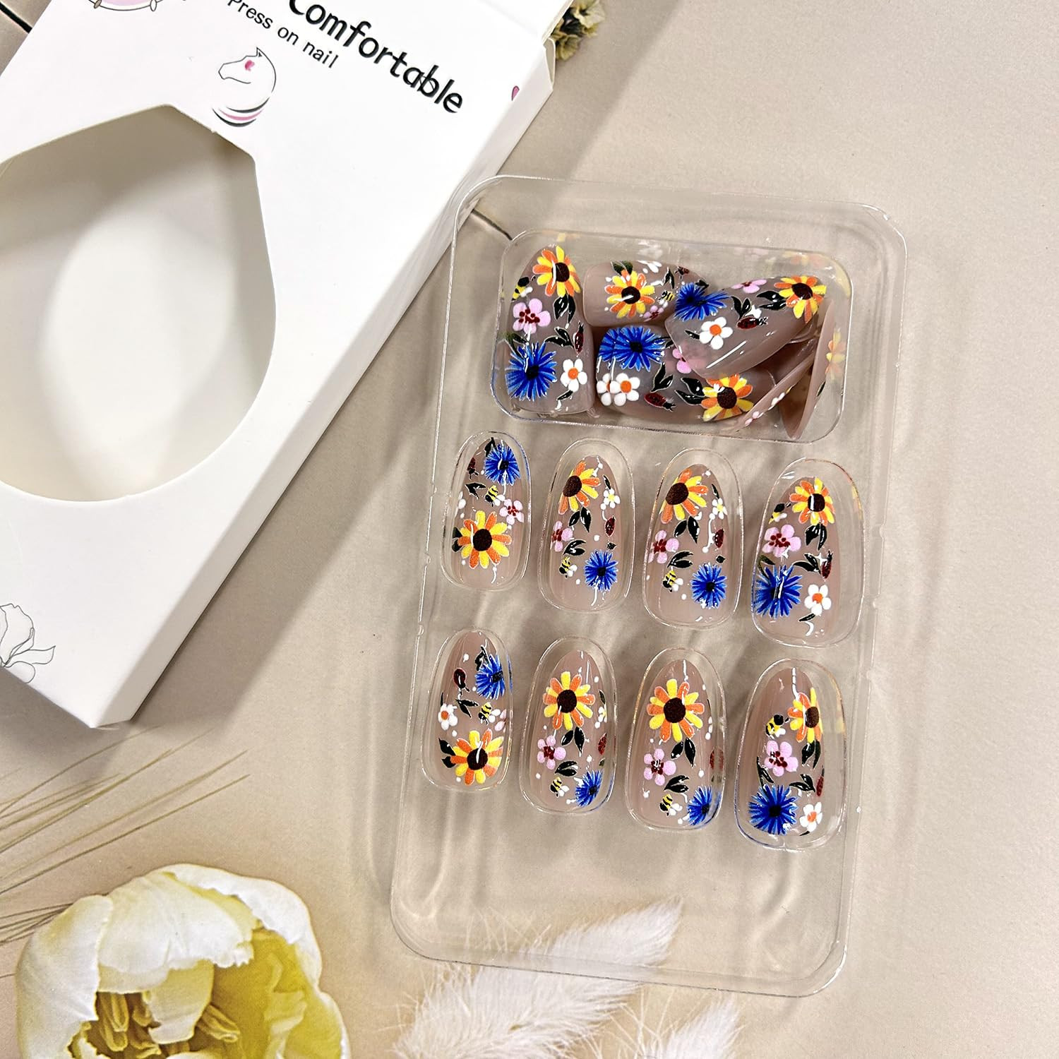 Flower Press on Nails Almond Medium Spring False Nails 3D Florals Design Full Co