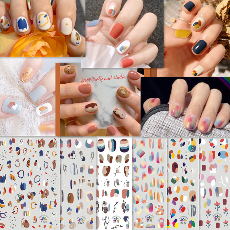 Contrast Color Nail Sticker Polka Dots Rainbow Flower Nail Decals