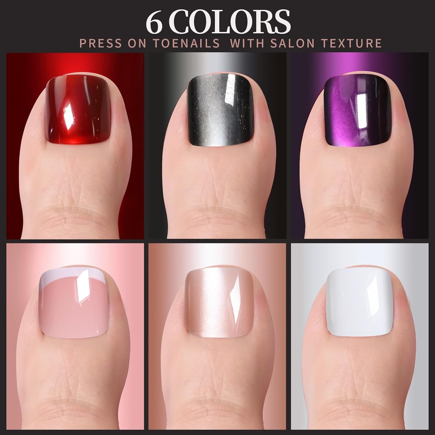 FANDAMEI Cat Eye Press On Toenails – 6 Colors, Short Square, Glossy
