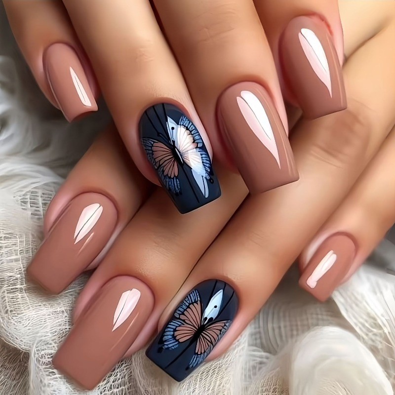48Pcs-Long Square Nude White Line Black Butterfly Printed Press on Nails Set